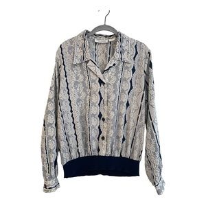 Vintage~  Judy Bond~ Womens Navy and White Lace-printed Button Down Blouse Sz 10